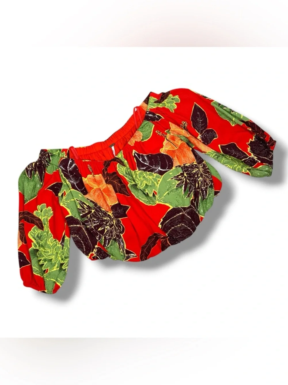 Free People Boho Tropical Flower‎ Print Off Shoulder Puff Sleeve Crop Top Red XS